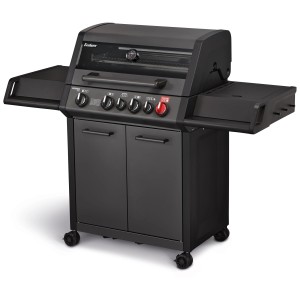 Barbecue a gas Enders Monroe Pro 4 SIK Turbo Shadow, nero opaco con fornello laterale e mobiletto.