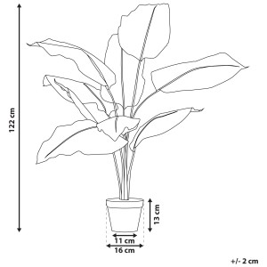 Schizzo di una pianta artificiale Dieffenbachia (altezza 122 cm) in vaso (Ø 16 cm), dimensioni indicate.