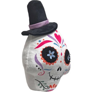 Decorazione LED a forma di teschio di Halloween, bianco/nero, alta 39 cm, con cilindro e decorazioni colorate.