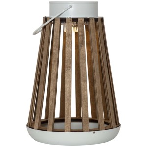 Lanterne solaire beige Catania avec design à lattes de bois et poignée. Lampe de jardin décorative.