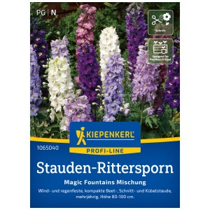 Sementi Kiepenkerl per speronella Magic Fountains mix con fiori blu, rosa e bianchi.