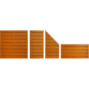 Sichtschutzzaun Goch, pinienfarben lasiert, verschiedene Elemente. Holzstruktur sichtbar.