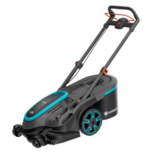 Tosaerba a batteria Gardena PowerMax Duo 46/36V con batteria, vista laterale.