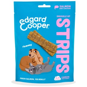 Edgard & Cooper snack per cani strisce salmone e pollo, 75g. Snack premio per cani con salmone e pollo.