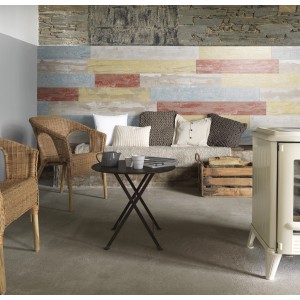 Salon avec revêtement mural Grosfillex Element Compact Cabane Bleu, panneaux décoratifs aspect bois.