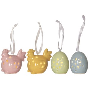 Figure LED Star Trading Esther, multicolore, figure decorative a forma di gallina e uovo con luce bianca calda.