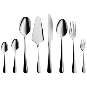 Set de couverts Beliani Rotini, 70 p. en acier inoxydable brillant. Montre cuillères, fourchettes, couteau, pelle à tarte.