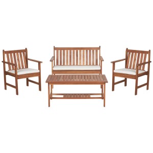 Set lounge Beliani Altidona in legno di acacia marrone e crema, composto da divano, poltrone e tavolo.
