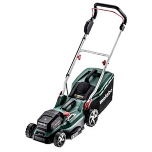 Tosaerba a batteria Metabo verde/nero con larghezza di taglio 36 cm, sacco raccolta e manico pieghevole.