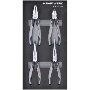 Jeu de pinces Kraftwerk, 4 pièces dans un insert en mousse. Comprend une pince coupante, une pince plate et une pince universelle.