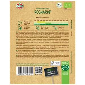 Confezione di semi di rosmarino biologico Sperli con istruzioni per la coltivazione.