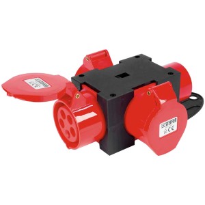 Distributore CEE Steffen 16/5, nero-rosso, con spina e 3 prese per uso esterno.