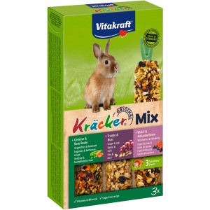 Vitakraft KräckerTrio per conigli, 3 gusti: verdura, noci, frutti di bosco. Snack su legno.