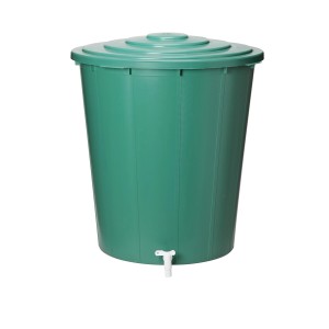 Barile per acqua piovana verde da 200 l con coperchio e rubinetto, ideale per l'irrigazione del giardino.