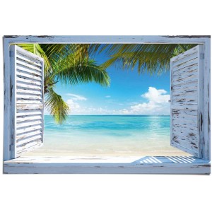 Maxiposter Beach Shutters: Blick durch Fenster auf Strand und Meer, 61x91,5 cm.