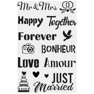 Stencil Aladine Love (20x30cm) con scritte e motivi a tema amore e matrimonio.