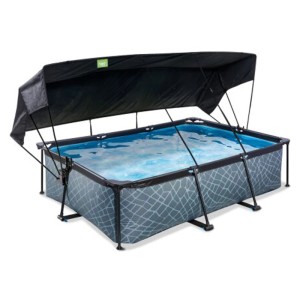Piscina rettangolare Exit Stone Grey con parasole e pompa, ideale per famiglie.
