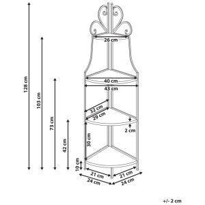 Disegno tecnico scaffale angolare Beliani Favara nero, 4 ripiani. Arredo giardino con misure 128x43x32 cm.