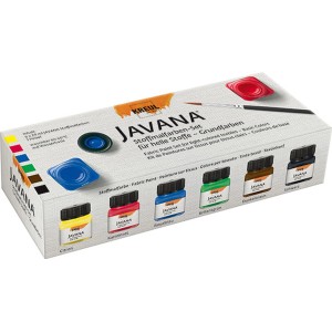 Stoffmalset Javana mit 6 Farben und Pinsel in Schiebeschachtel.