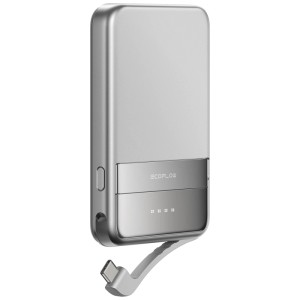 Batterie externe argentée Ecoflow Rapid 5000 mAh avec câble USB-C intégré.