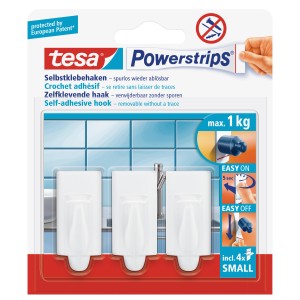 tesa crochets adhésifs, 3 crochets blancs avec Powerstrips, supporte jusqu'à 1 kg.