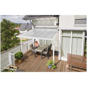 Tettoia per terrazza bianca in kit (306x306cm) con tavolo e sedie su una terrazza.