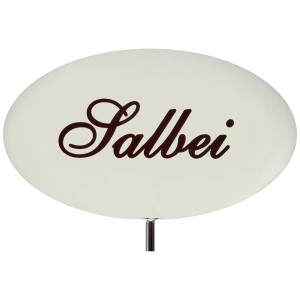 Emailleweißer Kräuterstecker „Salbei“ für Beet und Pflanzkübel, 30 cm hoch.