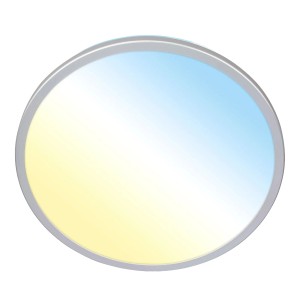 Plafonnier LED Briloner Kada, ultra-plat, chrome mat. Design rond avec changement de température CCT visible.