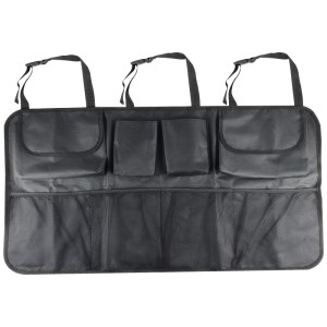 Organizzatore per bagagliaio auto nero in tessuto con 8 scomparti per accessori auto.