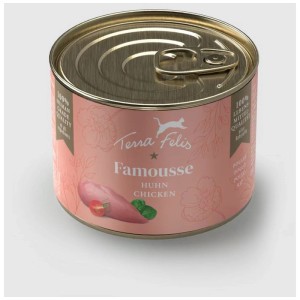 Boîte rose Terra Felis Famousse pâtée pour chat poulet 200g. Avec 90% viande, recette sans céréales.
