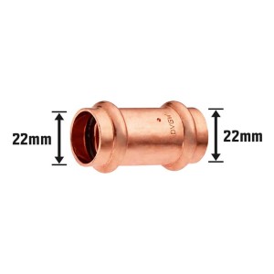 Raccordo a pressare in rame, diametro 22 mm, per collegamenti di tubi in rame in impianti sanitari e di riscaldamento.