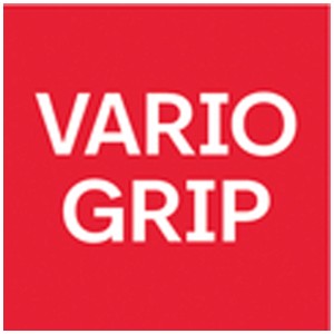 Logo 'VARIO GRIP' su sfondo rosso, indica il sistema di impugnatura flessibile del compressore Metabo.