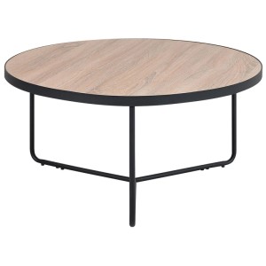 Tavolino rotondo Melody con piano in MDF effetto legno chiaro e struttura in metallo nero. Design industriale.