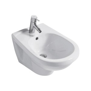 Bidet universale da parete Sanitop-Wingenroth bianco con rubinetto.