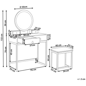 Schéma : Coiffeuse Beliani Auxon avec miroir LED, blanc, incl. tabouret et dimensions.