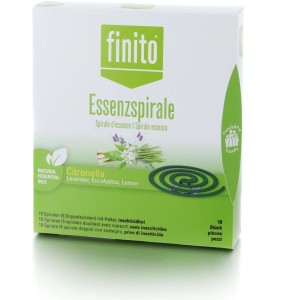Finito Spirale d'essence Citronnelle 10 pces. anti-moustiques en boîte blanche avec motif vert et spirale.