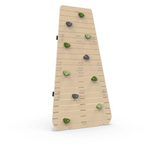 Parete da arrampicata Exit GetSet in legno di cedro con prese colorate per Monkeybars.
