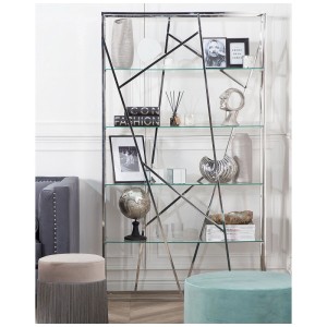 Bibliothèque moderne Beliani Hoxie, acier inoxydable poli, 4 étagères en verre, décorée dans le salon.