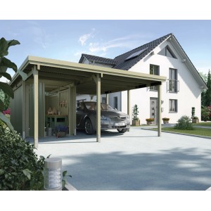 Carport singolo Weka con ripostiglio XL, struttura in legno con pannelli del tetto in PVC e posto auto per una macchina.