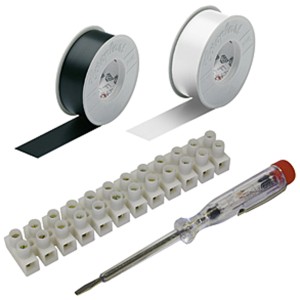 Kit de déménagement 3 : Ruban isolant (noir/blanc), testeur de phase et bornier.