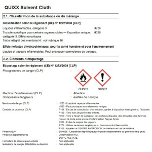 Scheda informativa Quixx Kit Riparazione Schegge Universal: Avvertenze di pericolo e precauzioni di sicurezza.