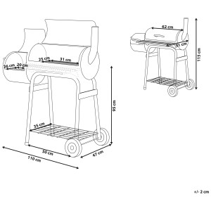 Schéma d'un barbecue à charbon Beliani Satah noir avec fumoir et dimensions.