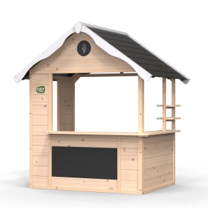 Exit Hika cabane en bois avec comptoir et tableau noir pour jeux de rôle dans le jardin.