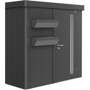 Biohort FloraBoard en gris foncé métallisé sur abri de jardin Neo. Accessoire d'abri de jardin avec jardinières.