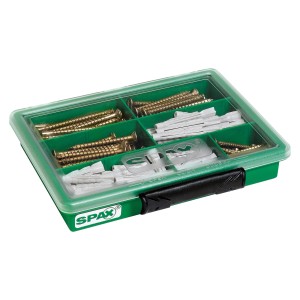 Spax Assorter Pozi Jaune avec chevilles dans une boîte de rangement verte à couvercle transparent.