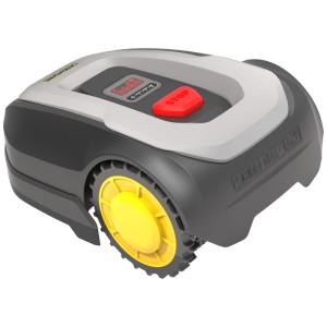 Robot tondeuse Worx LandXcape LX855 pour pelouses jusqu'à 300 m² avec roues jaunes et bouton d'arrêt rouge.
