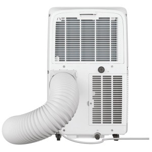 Vue arrière du climatiseur mobile Whirlpool PACF29CO W avec tuyau d'évacuation.