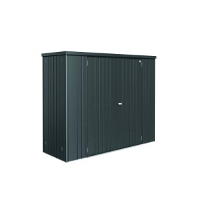 Armoire de jardin Biohort 230 Large, gris foncé métallisé, avec deux portes à rainures verticales.