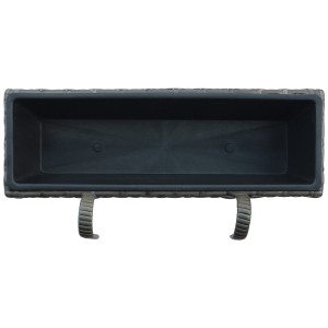 Jardinière rectangulaire en polyrotin gris anthracite avec support, adaptée aux balustrades de balcon.