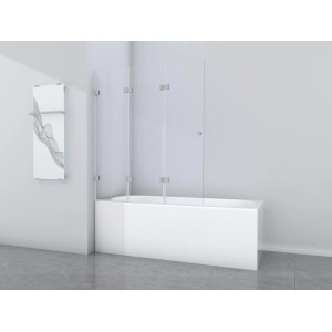 Paroi de baignoire Aurlane Silver Elegance, 120x140 cm, chrome, 3 volets, installée sur une baignoire.